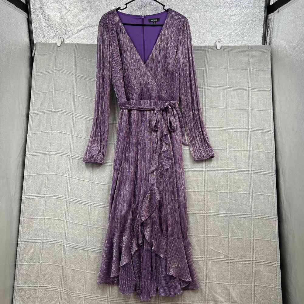 Kensie Purple Metallic Crinkle Faux Wrap Midi Dress Women's Size 16 NEW